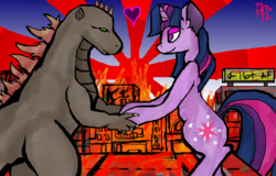 Size: 1240x796 | Tagged: safe, artist:pinkponycarcass, twilight sparkle, kaiju, pony, g4, crack shipping, crossover, crossover shipping, duo, giant pony, godzilla, godzilla (series), heart, macro, male, shipping, straight, twizilla, twizilla (shipping)