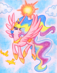 Size: 3065x3938 | Tagged: safe, artist:donkeyinthemiddle, princess celestia, pony, g4, female, flying, high res, pinklestia, solo, sun, traditional art