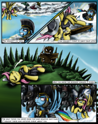 Size: 1935x2449 | Tagged: safe, artist:jamescorck, commander hurricane, fluttershy, private pansy, rainbow dash, pegasus, pony, comic:i will never leave you, g4, army, comic, flag, history, sword, training, training dummy, weapon