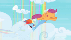 Size: 595x335 | Tagged: safe, screencap, rainbow dash, scootaloo, pegasus, pony, g4, sleepless in ponyville, animated, cloud, female, flying, gif, rainbow waterfall, rainbows, scootalove, winsome falls