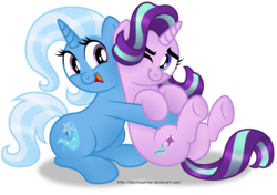 Size: 1600x1129 | Tagged: safe, artist:aleximusprime, starlight glimmer, trixie, pony, unicorn, g4, cute, diatrixes, duo, female, glimmerbetes, happy, hug, looking at each other, mare, one eye closed, open mouth, raised eyebrow, simple background, sitting, smiling, transparent background, underhoof