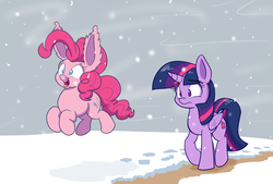Size: 1550x1050 | Tagged: safe, artist:heir-of-rick, pinkie pie, twilight sparkle, alicorn, pony, g4, duo, ear fluff, happy, impossibly large ears, open mouth, pronking, raised eyebrow, raised hoof, snow, snowfall, twilight sparkle (alicorn), worried
