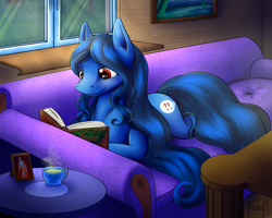 Size: 5000x4000 | Tagged: safe, artist:klarapl, oc, oc only, oc:blossom oak, earth pony, pony, absurd resolution, book, couch, cup, drink, female, indoors, looking down, mare, reading, solo, table, window