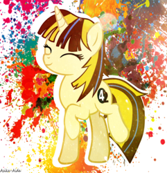 Size: 2845x2950 | Tagged: safe, artist:asika-aida, oc, oc only, oc:paradox nebula, pony, unicorn, commission, cute, eyes closed, female, high res, mare, raised hoof, signature, smiling, solo