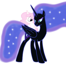 Size: 1214x1200 | Tagged: safe, artist:toyminator900, derpibooru exclusive, nightmare moon, princess celestia, alicorn, pony, g4, cewestia, cute, duo, filly, frown, pink-mane celestia, ponies riding ponies, riding, simple background, transparent background, younger