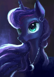 Size: 1240x1754 | Tagged: safe, artist:plainoasis, princess luna, g4, bust, cute, eyeshadow, female, jewelry, lidded eyes, lunabetes, makeup, missing accessory, necklace, painting, portrait, simple background, smiling, solo, traditional art