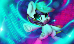 Size: 1500x900 | Tagged: safe, artist:moondreamer16, oc, oc only, pony, female, glowing, jewelry, lights, looking at you, mare, pendant, rave, smiling, solo, underhoof