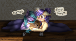 Size: 4000x2166 | Tagged: safe, artist:harmonyskish, oc, oc only, oc:lilac sketch, oc:moonflare, pegasus, pony, unicorn, blanket, coffee, computer, female, laptop computer, mare, prone, tongue out