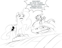 Size: 1280x989 | Tagged: safe, artist:silfoe, discord, princess luna, tiberius, alicorn, draconequus, opossum, pony, royal sketchbook, g4, angry, dialogue, grayscale, micro, monochrome, roomba, sketch, speech bubble, yelling