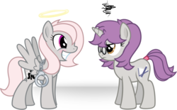 Size: 1136x703 | Tagged: safe, artist:nxzc88, oc, oc only, oc:snappy edit, oc:violet, pegasus, pony, unicorn, begging, cuffs, duo, female, frown, glasses, halo, implied shipping, innocent, lesbian, one sided shipping, serious face, simple background, smiling, spread wings, tail wrap, transparent background