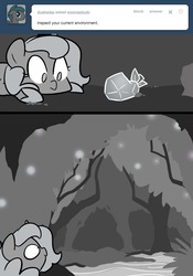 Size: 666x950 | Tagged: safe, artist:egophiliac, princess luna, moonstuck, g4, ask, crystal fruit, filly, monochrome, partial color, tumblr, woona, woonoggles, younger