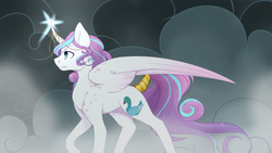 Size: 1920x1080 | Tagged: safe, artist:flurryheart-thoughts, princess flurry heart, alicorn, pony, g4, ask, curved horn, female, horn, light spell, older, solo, spread wings, tail wrap, tumblr