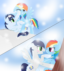 Size: 840x940 | Tagged: safe, artist:soarinrainbowdash3, rainbow dash, soarin', pony, g4, backwards cutie mark, clothes, male, playful, scarf, ship:soarindash, shipping, snow, straight