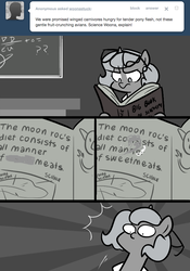 Size: 666x950 | Tagged: safe, artist:egophiliac, oc, oc:tim (egophiliac), pony, moonstuck, ask, book, clothes, glasses, lab coat, mind blown, monochrome, partial color, reading, science woona, tim, tumblr, woonoggles