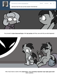 Size: 666x882 | Tagged: safe, artist:egophiliac, princess luna, oc, oc:frolicsome meadowlark, oc:sunshine smiles (egophiliac), bat pony, pony, moonstuck, g4, chips, clothes, diary, filly, flashback, food, marauder's mantle, monochrome, partial color, reading, scrunchy face, socks, stare, woona, woonoggles, younger