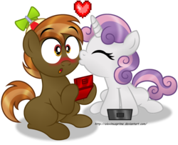 Size: 1600x1298 | Tagged: safe, artist:aleximusprime, button mash, sweetie belle, earth pony, unicorn, g4, blushing, colt, duo, duo male and female, eyes closed, female, filly, foal, gamer belle, hat, heart, horn, kissing, male, open mouth, propeller hat, ship:sweetiemash, shipping, straight, surprised, video game