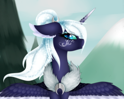 Size: 2000x1600 | Tagged: safe, artist:minelvi, princess luna, alicorn, pony, g4, alternate design, alternate universe, bust, ear fluff, ethereal mane, eyelashes, female, galaxy mane, mare, outdoors, solo, spread wings, tattoo, white-haired luna, wings