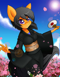 Size: 1024x1320 | Tagged: safe, artist:chacrawarrior, oc, oc only, oc:quick bullet, anthro, anthro oc, cherry blossoms, clothes, cute, female, flower, flower blossom, flower petals, heart eyes, kimono (clothing), mare, sky, smiling, solo, starry eyes, sun, wingding eyes