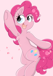 Size: 2456x3484 | Tagged: safe, artist:meowmavi, pinkie pie, g4, female, flower petals, happy, high res, pink background, simple background, solo