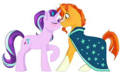 Size: 1600x1000 | Tagged: safe, artist:whisperseas, starlight glimmer, sunburst, pony, g4, blushing, duo, kissing, male, ship:starburst, shipping, simple background, straight, transparent background