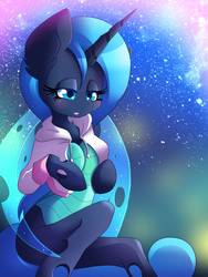 Size: 1200x1600 | Tagged: safe, artist:blazemizu, oc, oc only, oc:rescue pony, changeling, changeling queen, anthro, unguligrade anthro, arm hooves, blue changeling, changeling queen oc, clothes, female, hoodie, solo