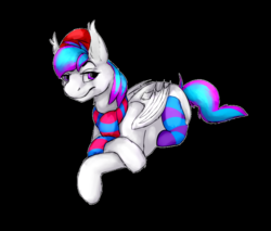 Size: 816x696 | Tagged: safe, artist:opalscentconfetti, oc, oc only, oc:skipseh, bat pony, pony, bat ears, bat wings, beanie, clothes, hat, scarf, socks, solo, striped socks