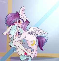 Size: 827x852 | Tagged: safe, artist:erinartista, oc, oc only, oc:yellow light, pegasus, pony, unicorn, blushing, female, hug, lesbian