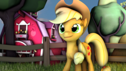 Size: 1024x576 | Tagged: safe, artist:vonklerks, applejack, g4, 3d, barn, female, fence, solo, source filmmaker, sweet apple acres, tree