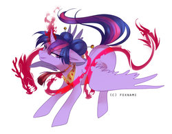 Size: 1024x800 | Tagged: safe, artist:naminzo, twilight sparkle, alicorn, pony, g4, alternate hairstyle, dark magic, evil, evil smile, female, grin, jewelry, looking at you, magic, peytral, signature, simple background, smiling, solo, twilight sparkle (alicorn)