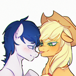 Size: 1386x1387 | Tagged: safe, artist:co11on-art, applejack, oc, oc:constance everheart, g4, blushing, canon x oc, everjack, shipping, tongue out