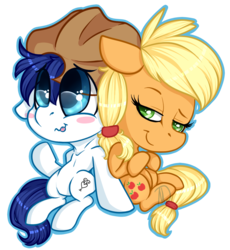 Size: 1024x1111 | Tagged: safe, artist:mdragonflame, applejack, oc, oc:constance everheart, g4, big eyes, blushing, canon x oc, chibi, everjack, shipping