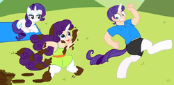 Size: 5172x2550 | Tagged: safe, artist:oneovertwo, rarity, oc, oc:garret, oc:sapphire belle, satyr, g4, brother and sister, high res, mother and daughter, mother and son, mud, offspring, parent:oc:anon, parent:rarity