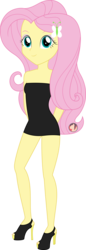 Size: 829x2400 | Tagged: safe, artist:rexpony, fluttershy, human, equestria girls, g4, black dress, black high heels, breasts, busty fluttershy, cleavage, clothes, cute, cutie mark, cutie mark accessory, cutie mark hair accessory, dress, female, hair accessory, hairpin, high heels, minidress, simple background, smiling, solo, transparent background, vector