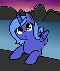 Size: 900x1075 | Tagged: safe, artist:neuro, princess luna, alicorn, pony, g4, cute, female, filly, looking up, lunabetes, mare, rock, s1 luna, smiling, solo, swimming, water, woona, younger