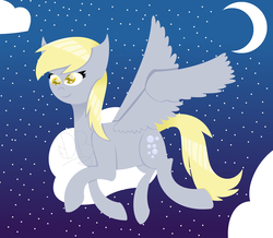 Size: 1280x1115 | Tagged: safe, artist:thedearestdeer, derpy hooves, pegasus, pony, g4, crescent moon, female, flying, mare, moon, solo