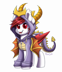 Size: 1661x1916 | Tagged: safe, artist:confetticakez, oc, oc only, bat pony, pony, clothes, commission, crossover, cute, ear fluff, fangs, hoodie, male, ocbetes, red eyes, signature, simple background, smiling, solo, spyro the dragon, spyro the dragon (series), white background