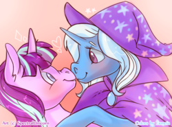 Size: 601x445 | Tagged: safe, artist:esmeia, artist:spectralunicorn, starlight glimmer, trixie, pony, unicorn, g4, blushing, boop, cape, clothes, female, gradient background, hat, heart, lesbian, looking at each other, mare, nose wrinkle, noseboop, ship:startrix, shipping, smiling, stars, trixie's cape, trixie's hat