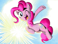 Size: 1076x810 | Tagged: safe, artist:smokeymcdaniel, pinkie pie, earth pony, pony, g4, female, happy, one eye closed, open mouth, solo, waving, wink