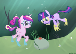 Size: 1200x857 | Tagged: safe, artist:manateemckenzie, princess cadance, twilight sparkle, crab, snail, g4, diving, female, filly, filly twilight sparkle, flippers (gear), goggles, swimming, swimming goggles, teen princess cadance, underwater, water, younger