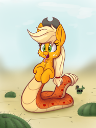 Size: 750x1000 | Tagged: safe, artist:heir-of-rick, applejack, lamia, original species, rattlesnake, snake, daily apple pony, g4, badumsquish approved, cactus, cute, desert, female, jackabetes, lamiafied, open mouth, solo, species swap, sunglasses, this isn't even my final form, tongue out