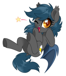 Size: 2792x3224 | Tagged: safe, artist:hawthornss, oc, oc only, oc:speck, bat pony, pony, cute, cute little fangs, dock, ear fluff, fangs, high res, looking at you, one eye closed, simple background, smiling, solo, transparent background, underhoof, wink