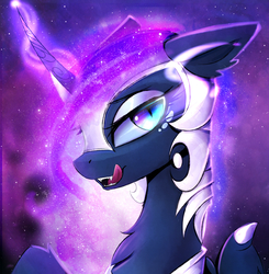 Size: 2480x2530 | Tagged: safe, artist:magnaluna, nightmare moon, princess luna, alicorn, pony, armor, bat wings, bedroom eyes, bust, chest fluff, ear fluff, eyelashes, eyeshadow, fangs, female, floppy ears, fluffy, galaxy mane, helmet, high res, horn guard (armor), leg fluff, licking, licking lips, lidded eyes, looking at you, makeup, mare, neck fluff, nightmare luna, open mouth, portrait, raised hoof, sharp teeth, slit pupils, solo, starry eyes, stars, teeth, tongue out, wing fluff, wingding eyes, wings