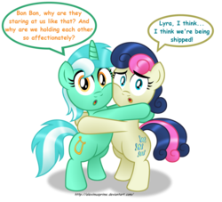 Size: 1600x1453 | Tagged: safe, artist:aleximusprime, bon bon, lyra heartstrings, sweetie drops, earth pony, pony, unicorn, g4, adorabon, best friends, breaking the fourth wall, cheek squish, cute, dialogue, female, hug, looking at you, lyrabetes, mare, shipping, simple background, squishy cheeks, text, transparent background