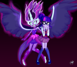 Size: 900x783 | Tagged: safe, artist:bbqgoth, sci-twi, twilight sparkle, equestria girls, g4, my little pony equestria girls: legend of everfree, clothes, dress, glasses, horn, midnight sparkle, pleated skirt, scared, school uniform, self paradox, shoes, signature, skirt, socks, the midnight in me