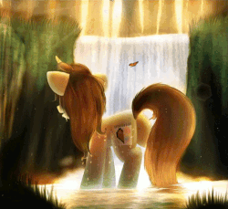 Size: 524x479 | Tagged: safe, artist:starchasesketches, oc, oc only, oc:melany, butterfly, pony, unicorn, animated, away from viewer, butt, cinemagraph, gif, grass, nature, open mouth, perfect loop, plot, scenery, scenery porn, solo, sunlight, water, waterfall, wet mane