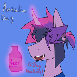 Size: 844x844 | Tagged: safe, artist:moonaknight13, twilight sparkle, oc, oc:twilight night, g4, alcohol, australia, australia day, beer, clothes, fangs, glowing horn, horn, magic, open mouth, shirt, simple background, smiling, solo, sunglasses, text