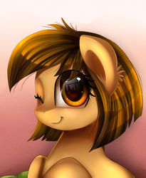 Size: 1446x1764 | Tagged: safe, artist:pridark, oc, oc only, oc:kazzy, earth pony, pony, commission, female, gradient background, looking at you, mare, one eye closed, smiling, solo, wink