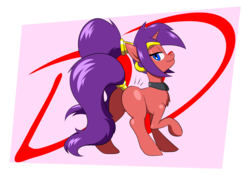 Size: 1000x700 | Tagged: safe, artist:mofetafrombrooklyn, oc, oc only, oc:dream dancer, genie, pony, unicorn, blank flank, butt, crossover, female, lidded eyes, looking back, mare, plot, ponified, ponytail, shantae, shantae (character), simple background, smiling, solo