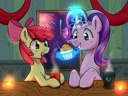 Size: 1600x1200 | Tagged: safe, artist:luka-koward, apple bloom, starlight glimmer, g4, cup, cute, drink, duo, fire, fireworks, food, happy, magic, muffin, night, open mouth, stars, table, window