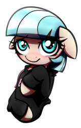 Size: 1032x1624 | Tagged: safe, artist:jetwave, coco pommel, earth pony, pony, g4, blushing, clothes, female, floppy ears, hoodie, looking at you, mare, simple background, solo, white background